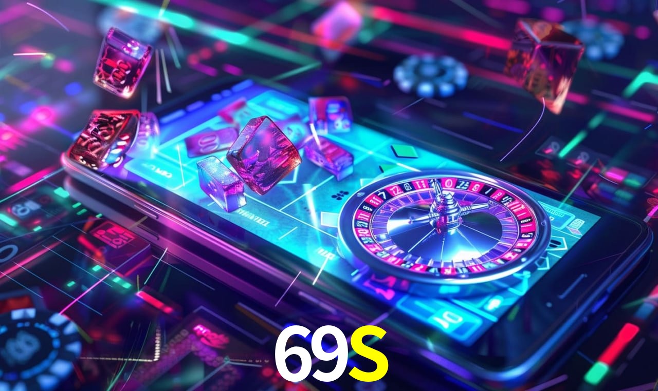 Escena dinámica inspirada en casino con iluminación 69S, cartas, fichas e íconos de juegos digitales en un espacio moderno de juegos.