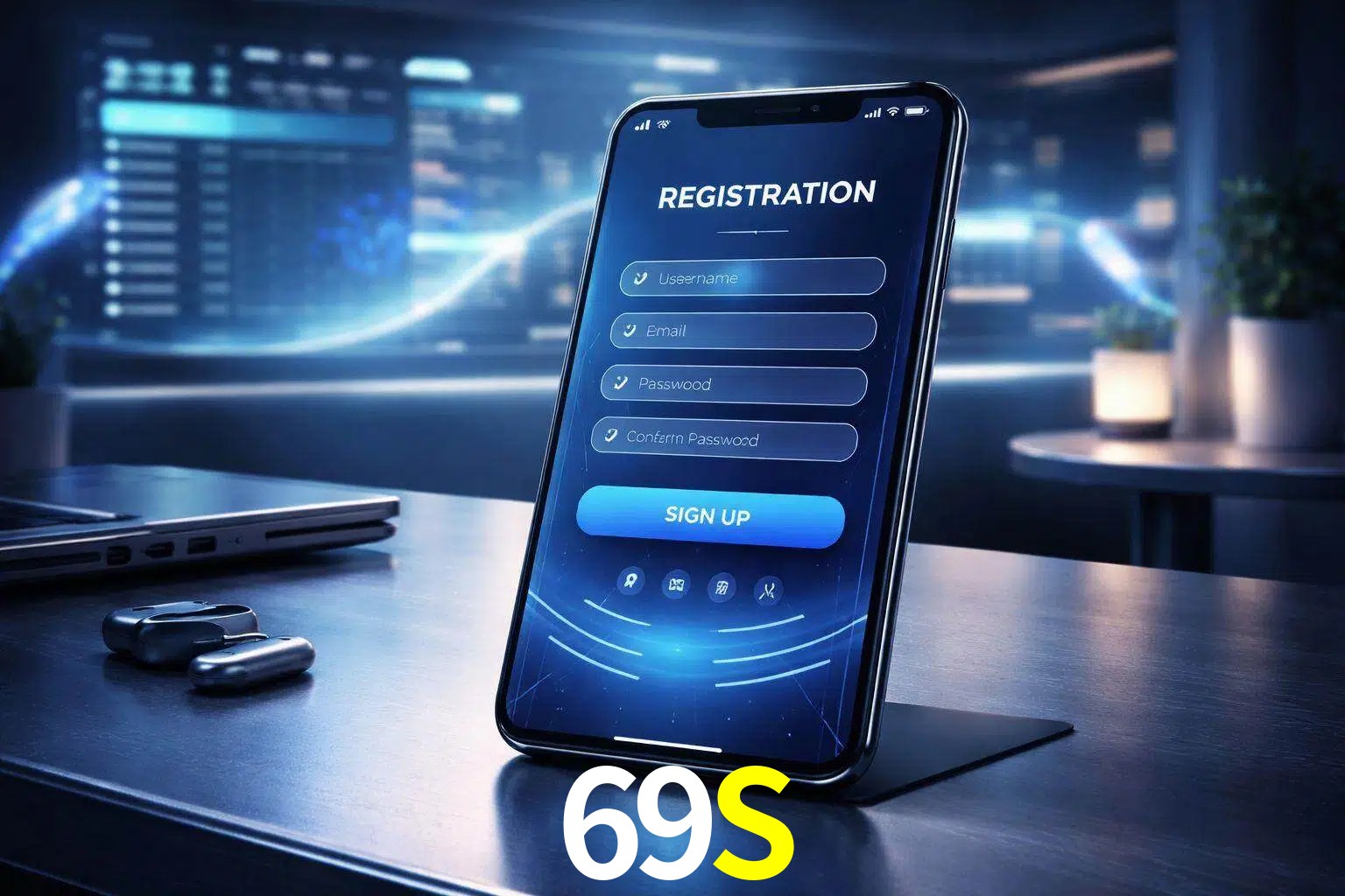 Una interfaz moderna de registro móvil para 69S mostrada en un smartphone con un panel de apuestas elegante.